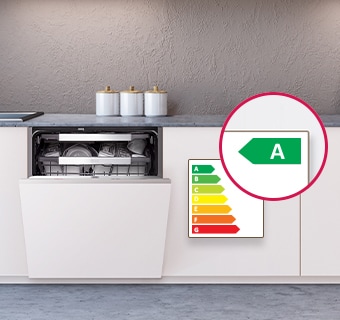 Innebygd oppvaskmaskin med delvis åpnet dør og A-klasse energimerking.