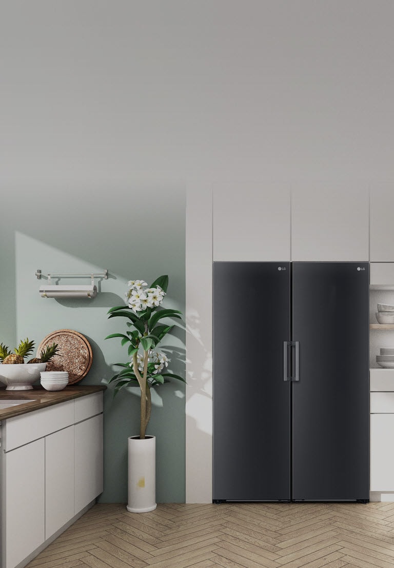 Kjøleskap og fryser vist forfra i et moderne kjøkken.