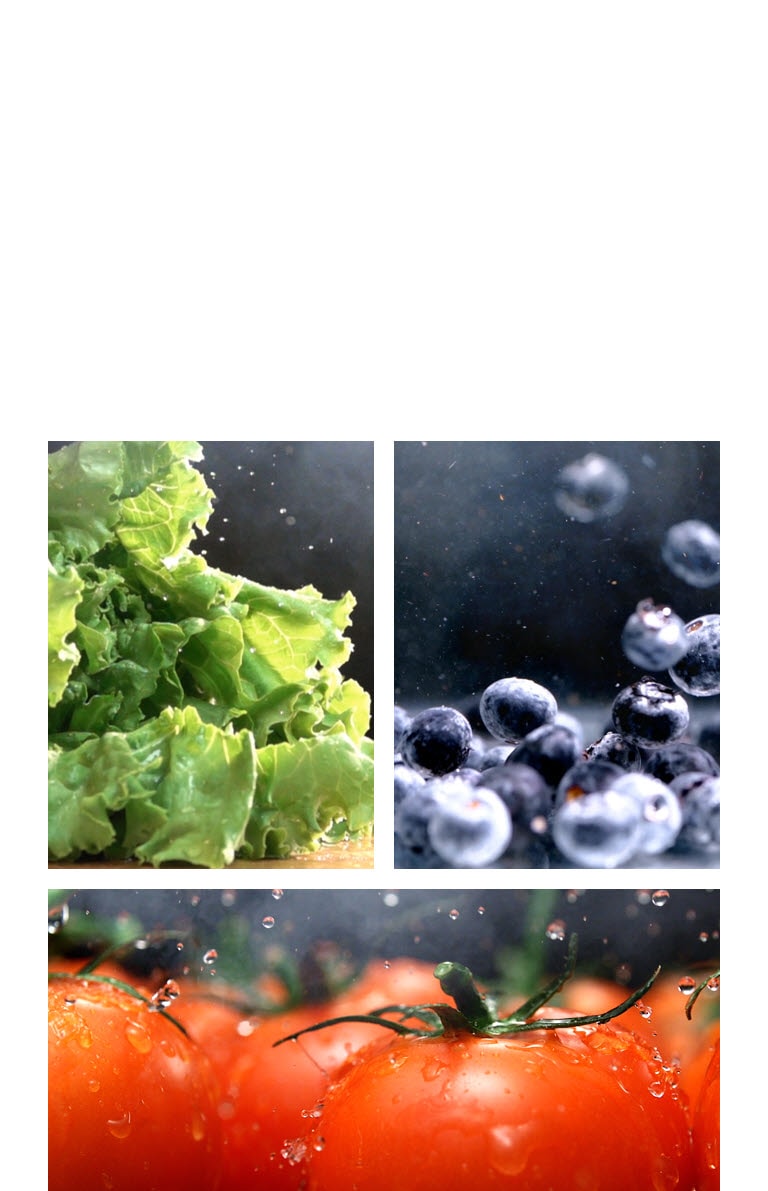 Bilde av sprø grønn hagesalat ved siden av et bilde av ferske røde tomater, og et bilde av lyse blåbær.