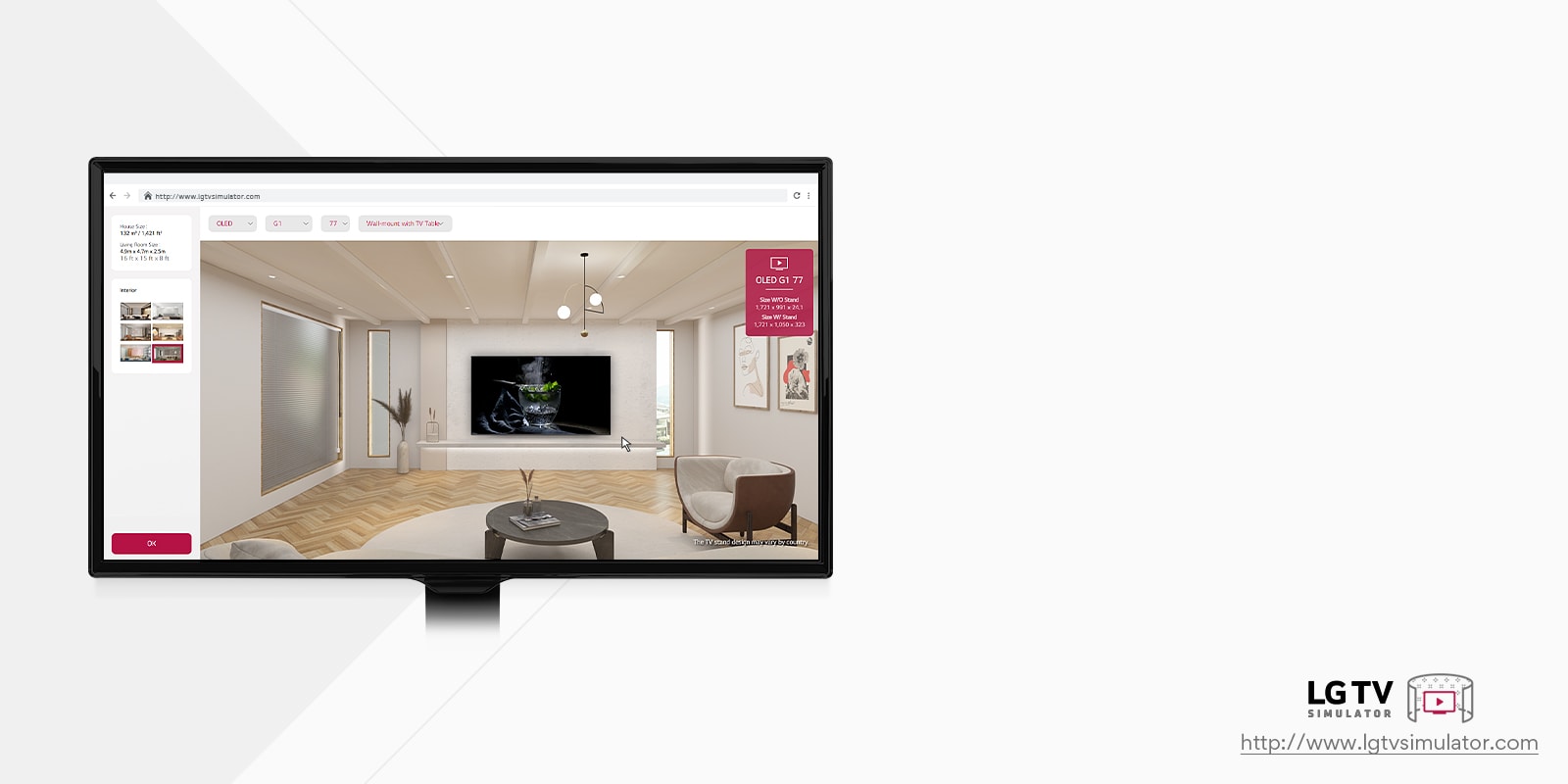 Dette er et bilde med beskrivelse av en simulator som lar deg plassere  alle tilgjengelige LG TV-modeller rundt omkring i et virtuelt rom.
