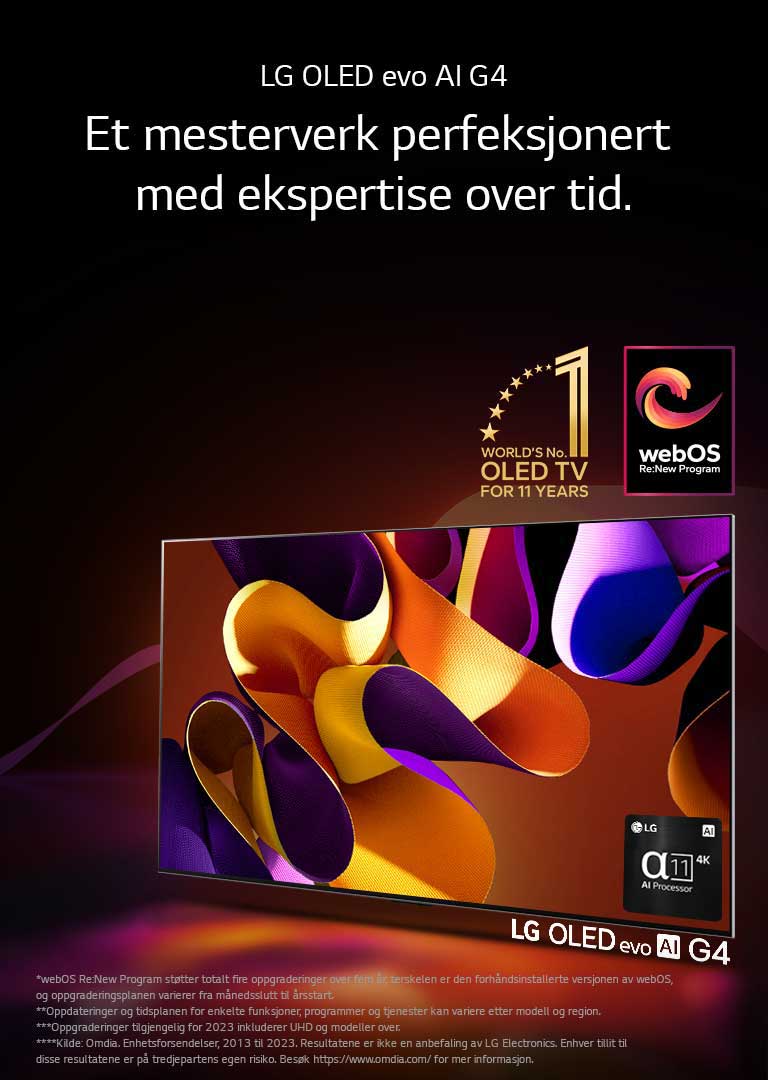 LG OLED evo TV G4 med et abstrakt, fargerikt kunstverk på skjermen mot et svart bakteppe med subtile virvler av farger. Lys stråler fra skjermen og kaster fargerike skygger. Alpha 11 AI-prosessor 4K er nederst til høyre på TV-skjermen. Emblemet «Verdens nummer 1 OLED TV i 11 år» og logoen «webOS Re:New Program» er i bildet. En ansvarsfraskrivelse sier: «webOS Re:New Program støtter totalt fire oppgraderinger over fem år, terskelen er den forhåndsinstallerte versjonen av webOS, og oppgraderingsplanen varierer fra månedsslutt til årsstart.»  «Oppdateringer og tidsplanen for enkelte funksjoner, programmer og tjenester kan variere etter modell og region.»  «Oppgraderinger tilgjengelig for 2023 inkluderer UHD og modeller over.» «Kilde: Omdia. Enhetsforsendelser, 2013 til 2023. Resultatene er ikke en anbefaling av LG Electronics. Enhver tillit til disse resultatene er på tredjepartens egen risiko. Besøk https://www.omdia.com/ for mer informasjon.»