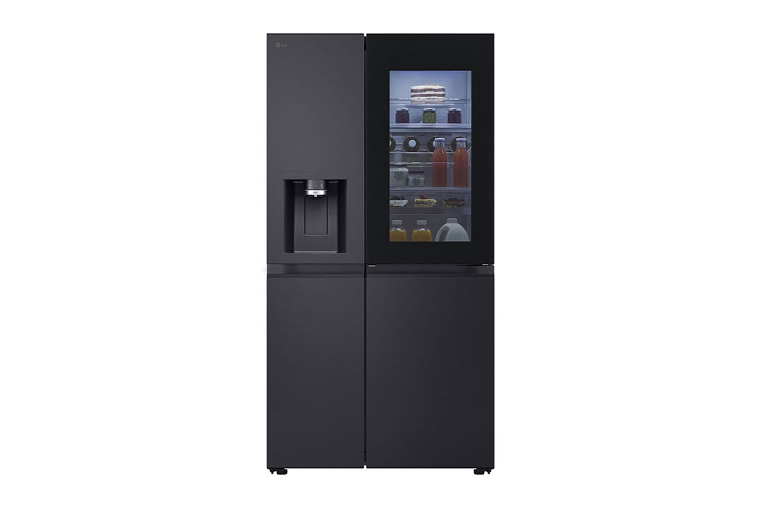 LG 628L InstaView Door in Door™ Side by Side (Essence Black), Energiklasse D, Vann/isdispenser med vanntilkobling, Smart Diagnosis™ med Wi-Fi, front-view, GSXE90EVAD