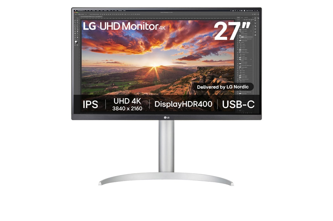 LG 27'' UHD 4K IPS-skjerm med VESA DisplayHDR™ 400, visning forfra, 27UP850K-W