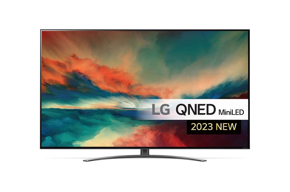 LG 75'' QNED 86 - QNED Mini LED 4K Smart TV - 75QNED866QA, Visning forfra av LG QNED-TV med tilleggsbilde og produktlogo på, 75QNED866QA