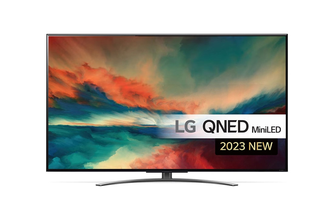 LG 65'' QNED 86 - QNED Mini LED 4K Smart TV - 65QNED866QA, Visning forfra av LG QNED-TV med tilleggsbilde og produktlogo på, 65QNED866QA