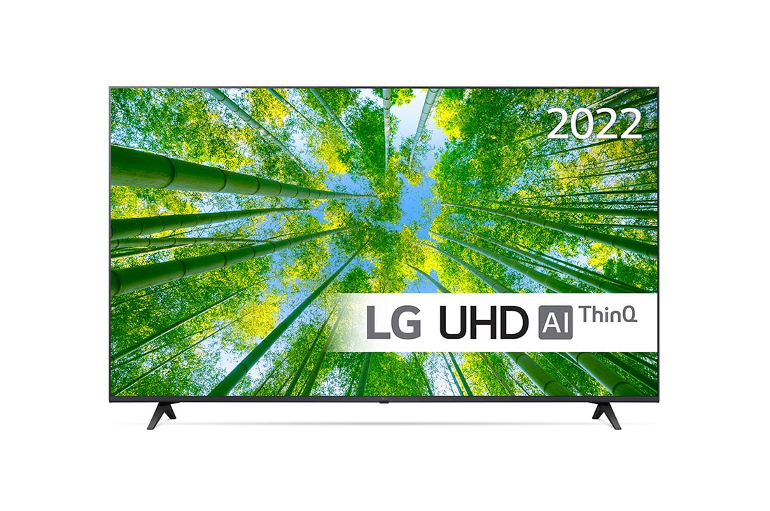 LG 50'' UQ8000 - 4K UHD Smart TV - 50UQ80006LB, Sett forfra av LGs UHD-TV med innfelt bilde og produktlogo, 50UQ80006LB
