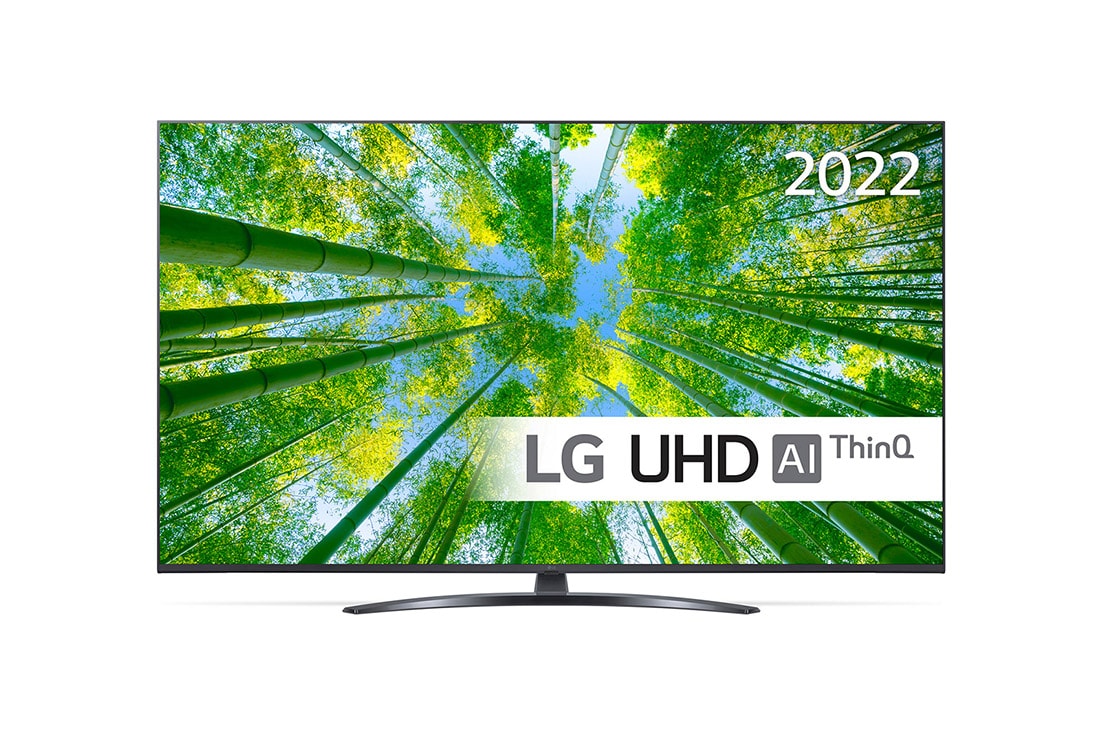 LG 50'' UQ8100 - 4K UHD Smart TV - 50UQ81006LB, Sett forfra av LGs UHD-TV med innfelt bilde og produktlogo, 50UQ81006LB
