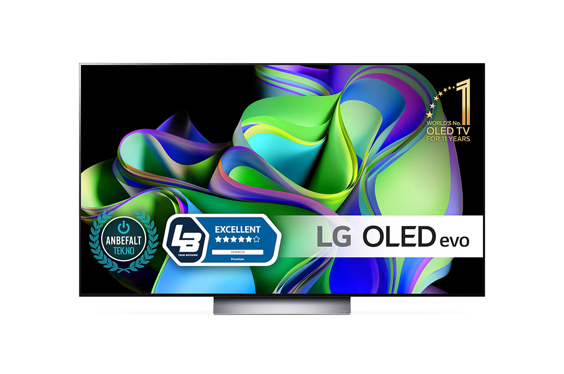 LG 55'' OLED evo C3 - 4K TV (2023), Visning forfra, med emblemer for LG OLED evo og 11 år som verdensledende OLED på skjermen, i tillegg til lydplanken nedenfor. , OLED55C34LA