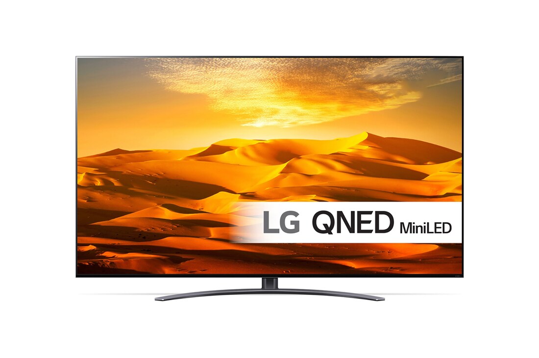 LG 75'' QNED 91 - QNED Mini LED 4K Smart TV - 75QNED916QE, Visning forfra av LG QNED-TV med tilleggsbilde og produktlogo på, 75QNED916QE