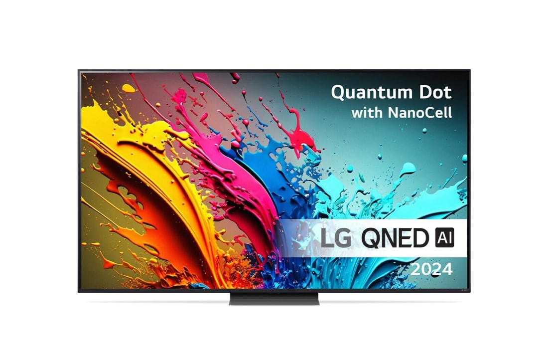 LG 86'' QNED AI 86 - 4K Smart TV (2024), LG QNED TV, QNED85 sett forfra med tekst fra LG QNED, Quantum Dot med NanoCell og 2024 på skjermen, 86QNED86T6A