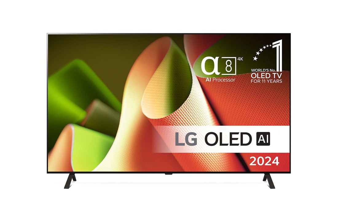 LG 77'' OLED AI B4 - 4K TV (2024), Sett forfra med LG OLED TV, OLED B4, 11 Years of world number 1 OLED-emblem og alpha 8 4K AI-prosessor Gen7-logo., OLED77B46LA