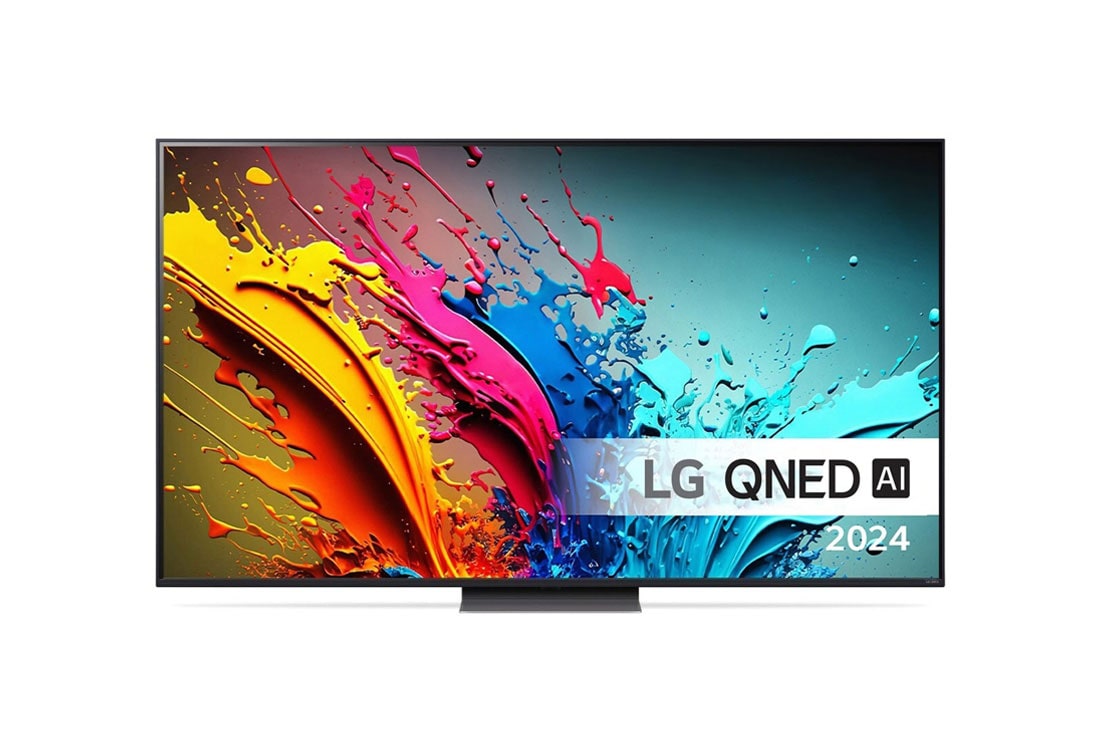 LG 65'' QNED AI 87 - 4K Smart TV (2024), LG QNED TV, QNED85 sett forfra med tekst fra LG QNED, Quantum Dot med NanoCell og 2024 på skjermen, 65QNED87T6B