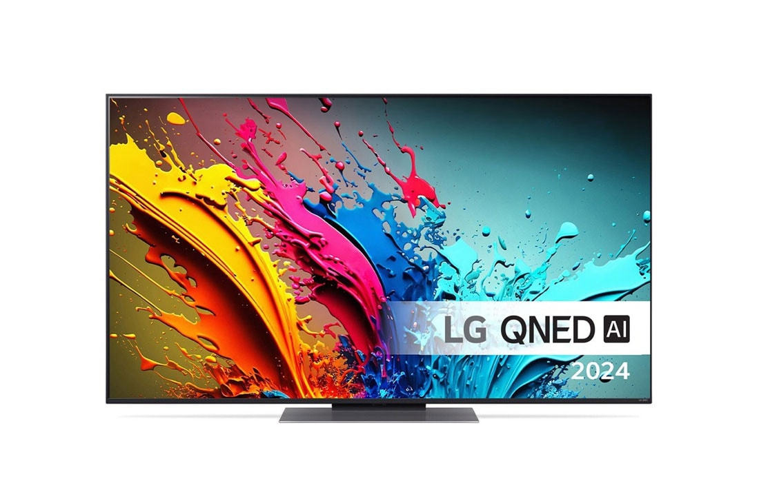 LG 55'' QNED AI 87 - 4K Smart TV (2024), LG QNED TV, QNED85 sett forfra med tekst fra LG QNED, Quantum Dot med NanoCell og 2024 på skjermen, 55QNED87T6B