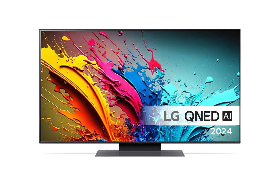 LG 50'' QNED AI 87 - 4K Smart TV (2024), LG QNED TV, QNED85 sett forfra med tekst fra LG QNED, Quantum Dot med NanoCell og 2024 på skjermen, 50QNED87T6B