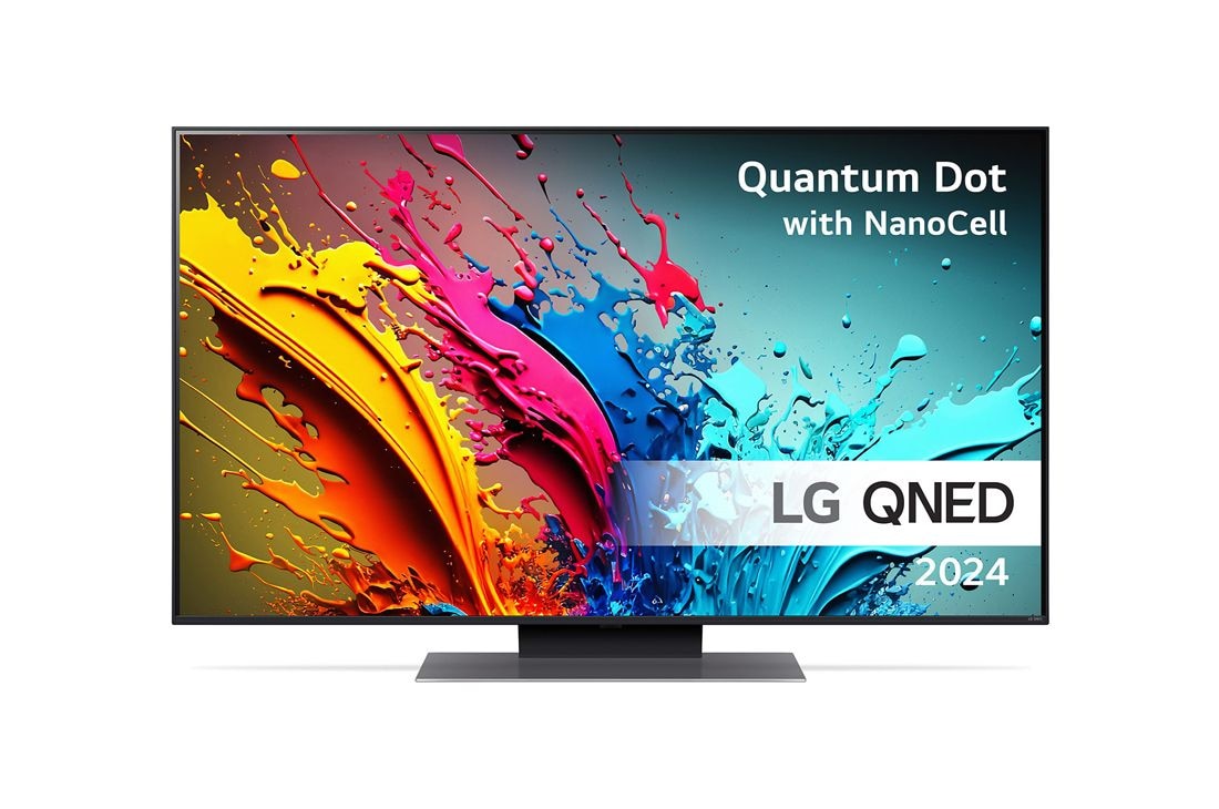 LG 50'' QNED 87 - 4K Smart TV (2024), LG QNED TV, QNED85 sett forfra med tekst fra LG QNED, Quantum Dot med NanoCell og 2024 på skjermen, 50QNED87T6B