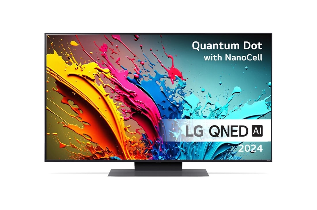 LG 50'' QNED AI 87 - 4K Smart TV (2024), LG QNED TV, QNED85 sett forfra med tekst fra LG QNED, Quantum Dot med NanoCell og 2024 på skjermen, 50QNED87T6B