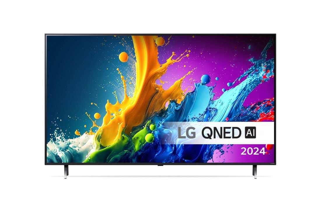 LG 43'' QNED AI 80 - 4K Smart TV (2024), Visning forfra av LG UHD TV, UT73 med teksten LG UHD AI ThinQ, 2024, og webOS Re:New Program-logoen på skjermen, 43QNED80T6A