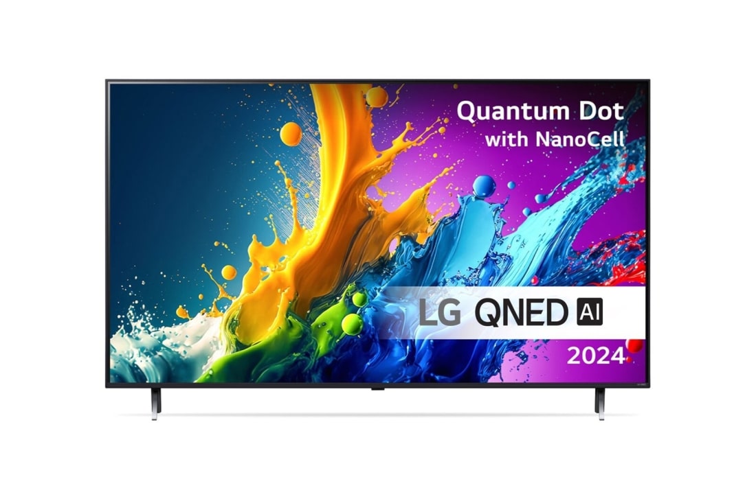 LG 43'' QNED AI 80 - 4K Smart TV (2024), Visning forfra av LG UHD TV, UT73 med teksten LG UHD AI ThinQ, 2024, og webOS Re:New Program-logoen på skjermen, 43QNED80T6A