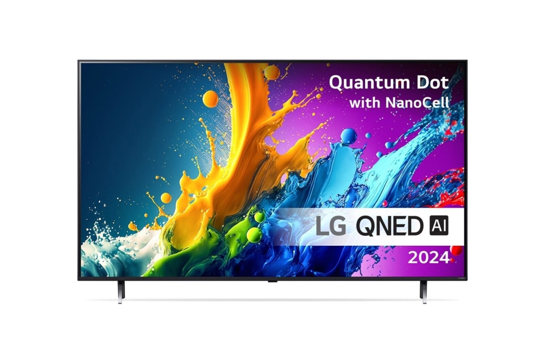 LG 65'' QNED AI 80 - 4K Smart TV (2024), LG QNED TV, QNED80 sett forfra med tekst fra LG QNED, Quantum Dot med NanoCell og 2024 på skjermen, 65QNED80T6A