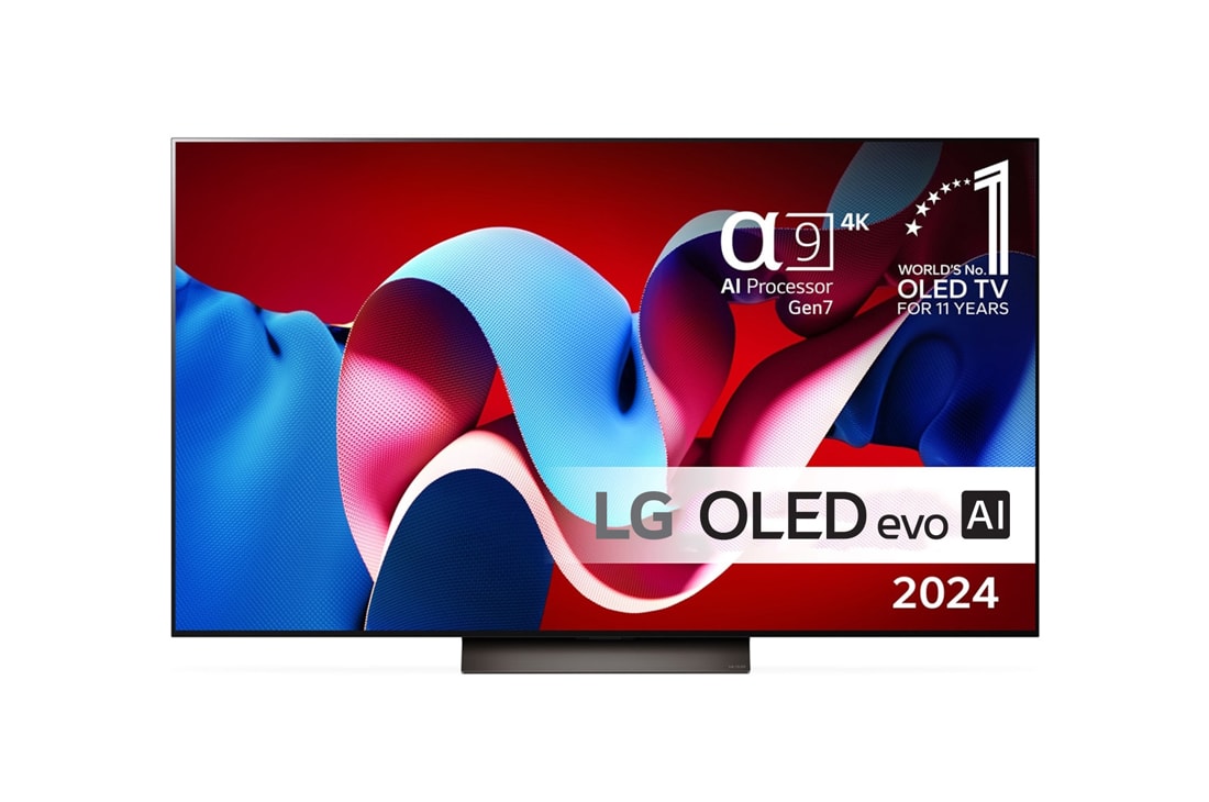 LG 77'' OLED evo AI C4 - 4K TV (2024), Sett forfra med LG OLED evo TV, OLED C4, 11 Years of world number 1 OLED-emblem og alpha 9 4K AI-prosessor Gen7-logo., OLED77C44LA