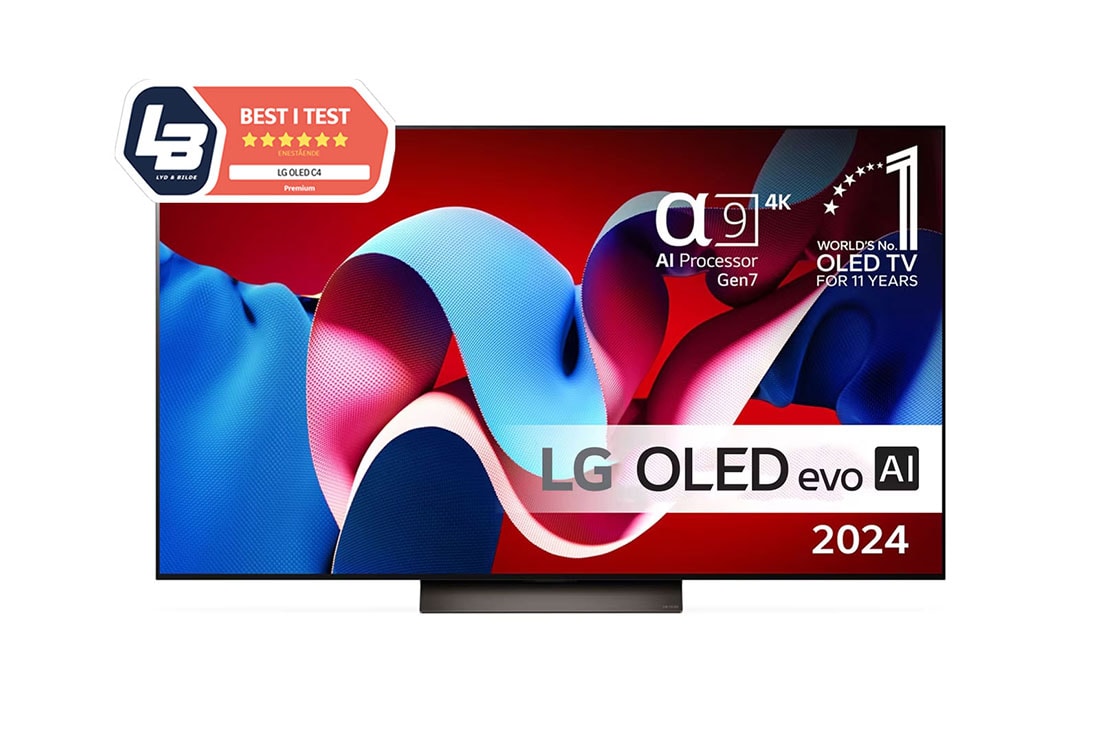 LG 77'' OLED evo AI C4 - 4K TV (2024), Sett forfra med LG OLED evo TV, OLED C4, 11 Years of world number 1 OLED-emblem og alpha 9 4K AI-prosessor Gen7-logo., OLED77C44LA