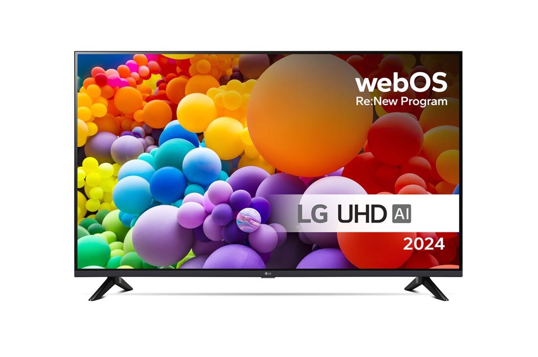 LG 65'' UHD AI UT73 - 4K TV (2024), Visning forfra av LG UHD TV, UT73 med teksten LG UHD AI ThinQ, 2024, og webOS Re:New Program-logoen på skjermen, 65UT73006LA