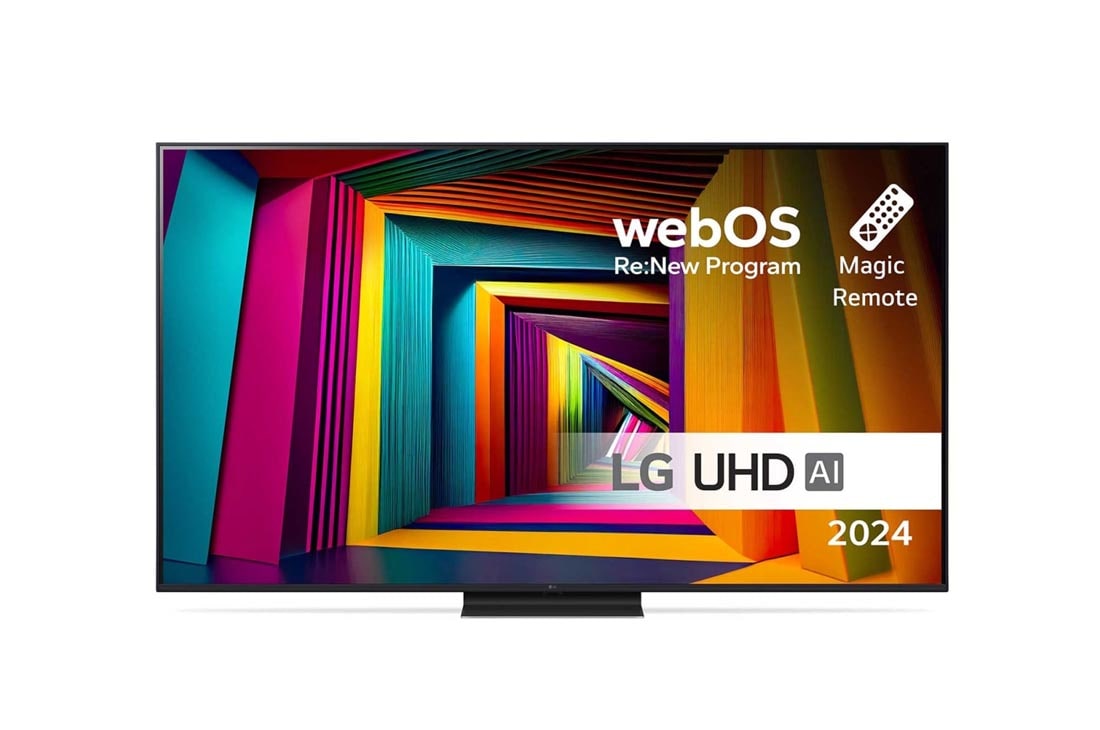 LG 65'' UHD AI UT91 - 4K TV (2024), Visning forfra av LG UHD TV, UT91 med teksten LG UHD AI ThinQ, 2024, og webOS Re:New Program-logoen på skjermen, 65UT91006LA