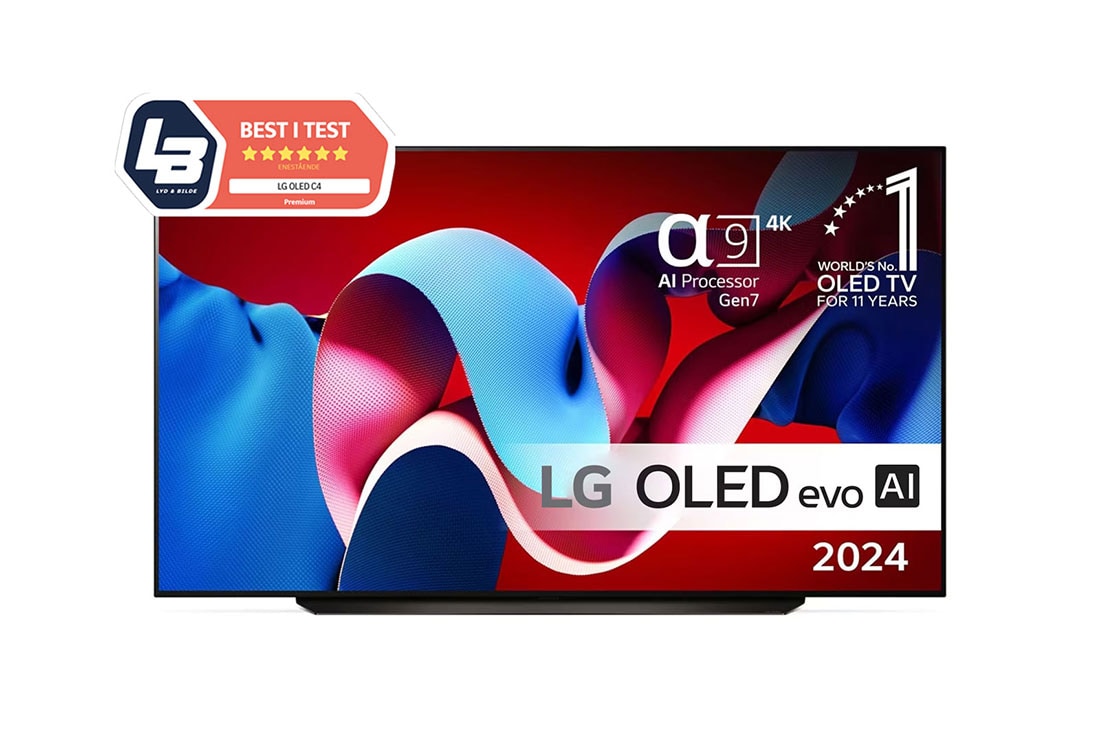 LG 83'' OLED evo AI C4 - 4K TV (2024), Sett forfra med LG OLED evo TV, OLED C4, 11 Years of world number 1 OLED-emblem og alpha 9 4K AI-prosessor Gen7-logo., OLED83C44LA