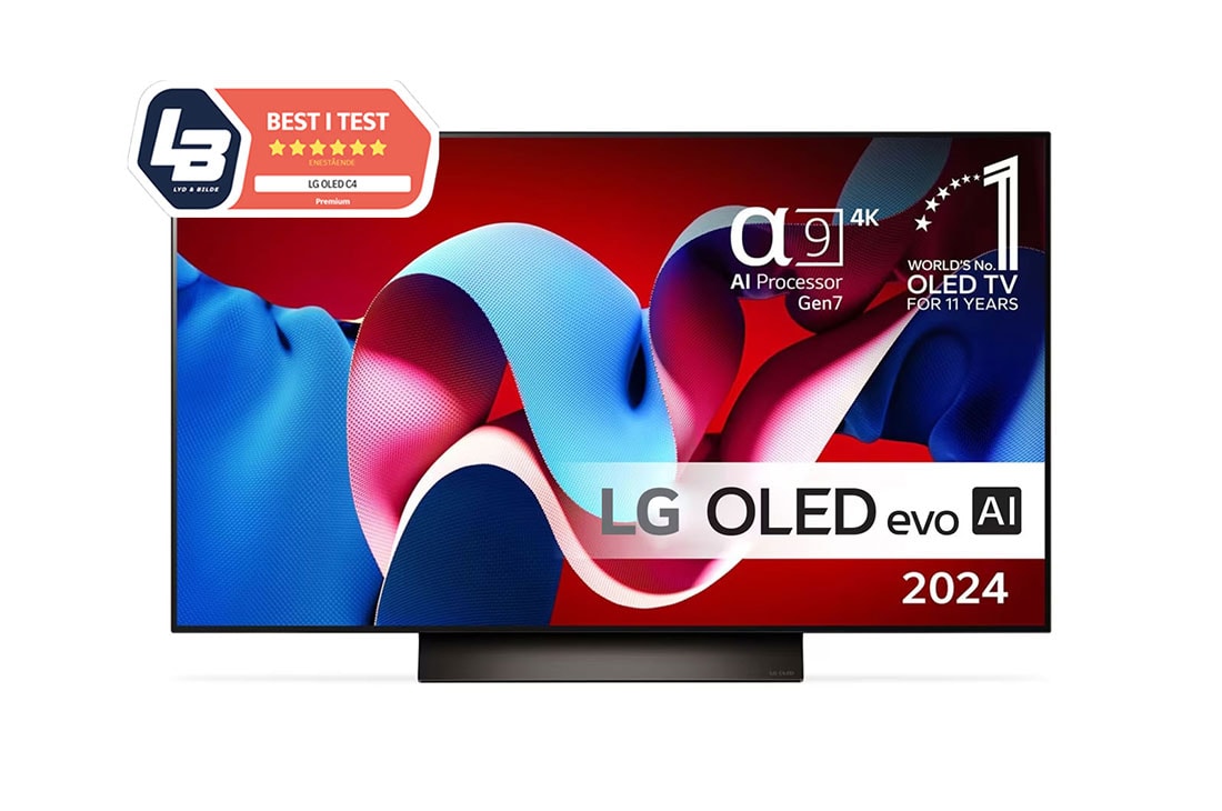 LG 48'' OLED evo AI C4 - 4K TV (2024), Sett forfra med LG OLED evo TV, OLED C4, 11 Years of world number 1 OLED-emblem og alpha 9 4K AI-prosessor Gen7-logo., OLED48C44LA