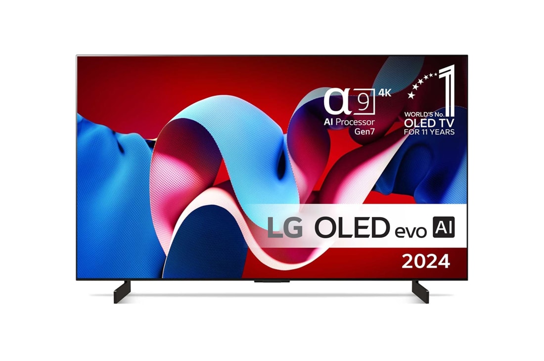 LG 42'' OLED evo AI C4 - 4K TV (2024), Sett forfra med LG OLED evo TV, OLED C4, 11 Years of world number 1 OLED-emblem og alpha 9 4K AI-prosessor Gen7-logo., OLED42C44LA