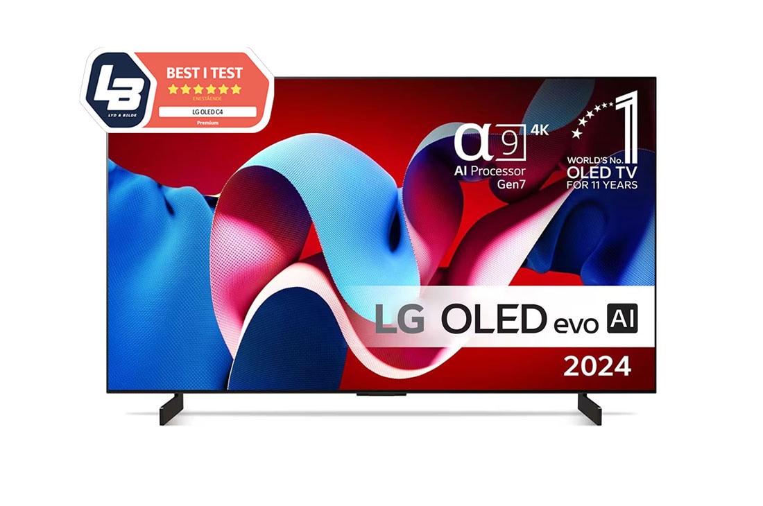 LG 42'' OLED evo AI C4 - 4K TV (2024), Sett forfra med LG OLED evo TV, OLED C4, 11 Years of world number 1 OLED-emblem og alpha 9 4K AI-prosessor Gen7-logo., OLED42C44LA