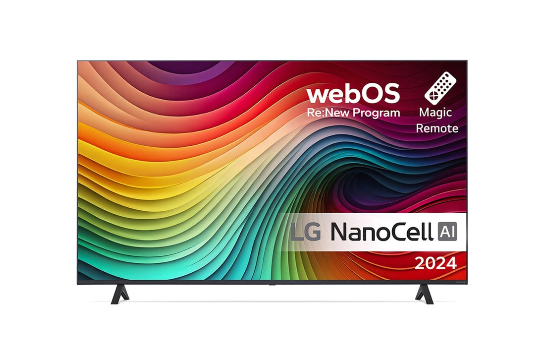 LG 65'' NANO 81 - NanoCell AI 4K Smart TV (2024), LG NanoCell AI TV, NANO81 sett forfra med tekst fra LG NanoCell AI, 2024, webOS Re:New Program-logo og Magic Remote på skjermen, 65NANO81T6A