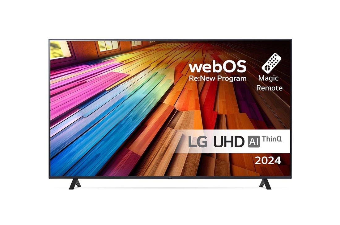 LG 75 tommer LG UHD UT80 4K Smart TV 2024, Visning forfra av LG UHD TV, UT80 med teksten LG UHD AI ThinQ, 2024, og webOS Re:New Program-logoen på skjermen, 75UT80006LA