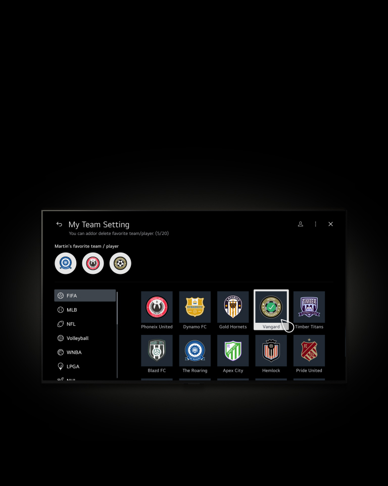 A cursor clicks on My Team, and the screen fades into the My Team page with the text "Martin's favorite team /player," "My Team's live/upcoming game," and "Popular league's recent game." The user scrolls through the page to reveal Sports VOD content, then scrolls back to the top, and the cursor selects the plus button under "Martin's favorite team / player." The screen fades into the My Team Settings page with the text "You can add or delete favorite teams/players (5/20)." There is a selection of leagues to browse through, including FIFA, MLB, NFL, Volleyball, WNBA, and LPGA. The cursor clicks on the Fifa team Vangard, and it's added to their favorite teams. 	