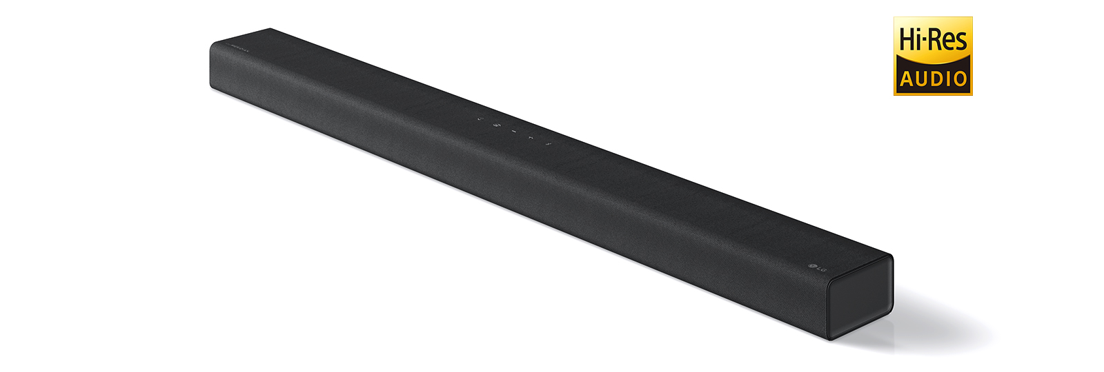 Full image of LG Sound bar right side with LG logo on the bottom right corner of a product.
