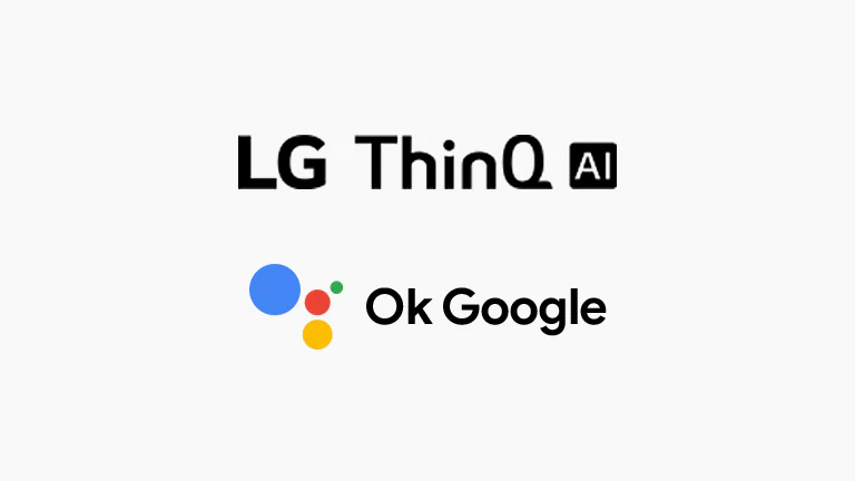 The LG AI ThinQ  logo and the Google Assistant logo are arranged vertically in the white background.