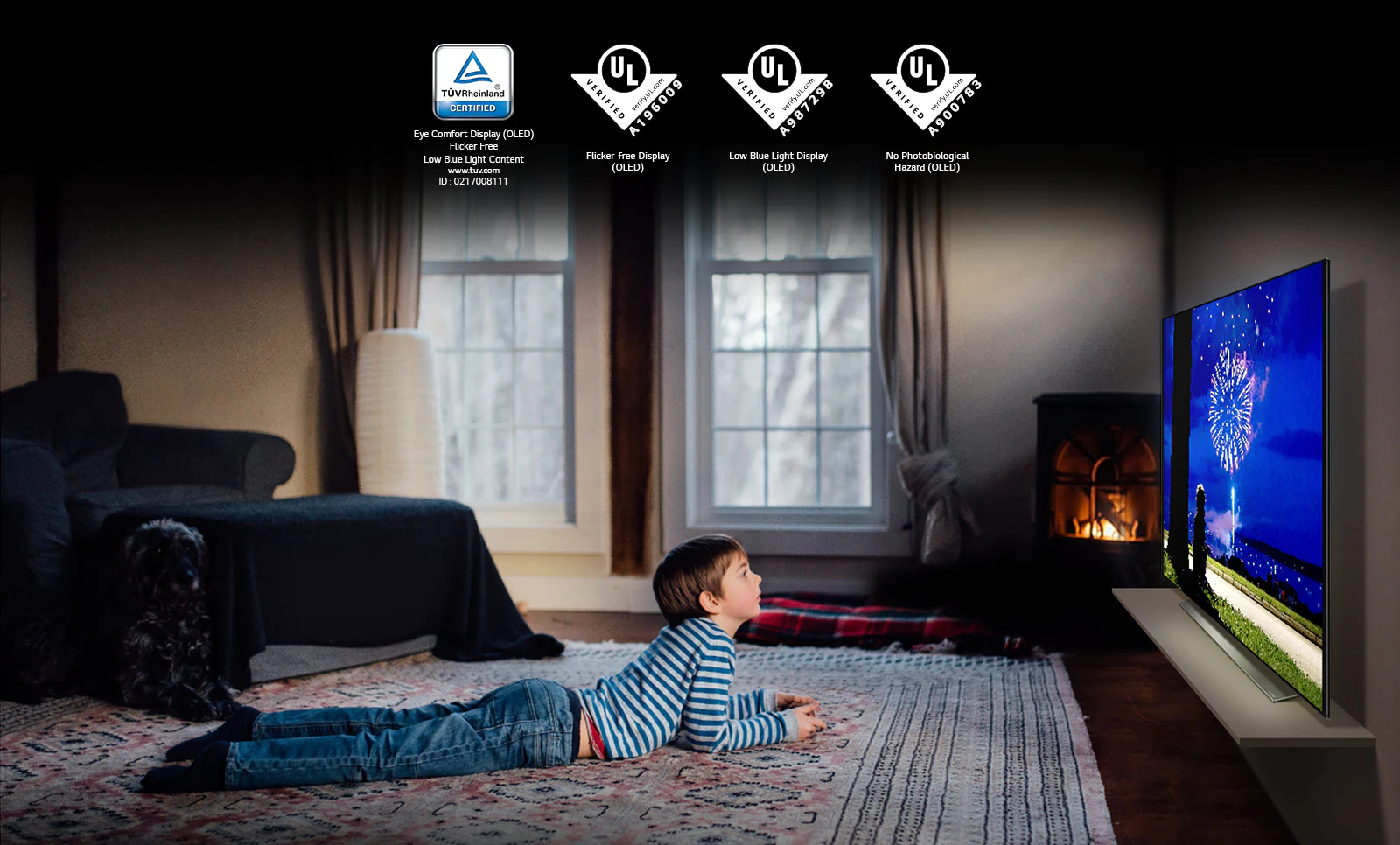 "This is the card describing the ""Eye Comfort Display"". This is a scene of a boy watching TV in a prone position. Four logos have been placed for ""Eye Comfort Display"" certification."