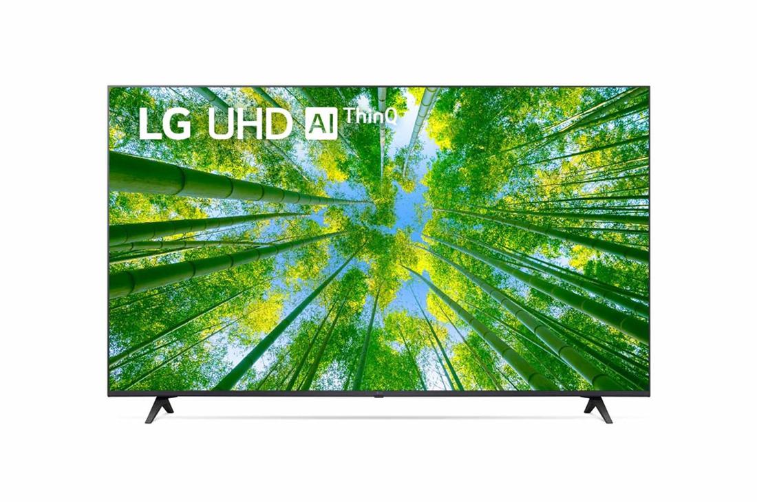 LG UQ80 55 inch 4K Smart UHD TV, A front view of the LG UHD TV with infill image and product logo on, 55UQ8050PSB