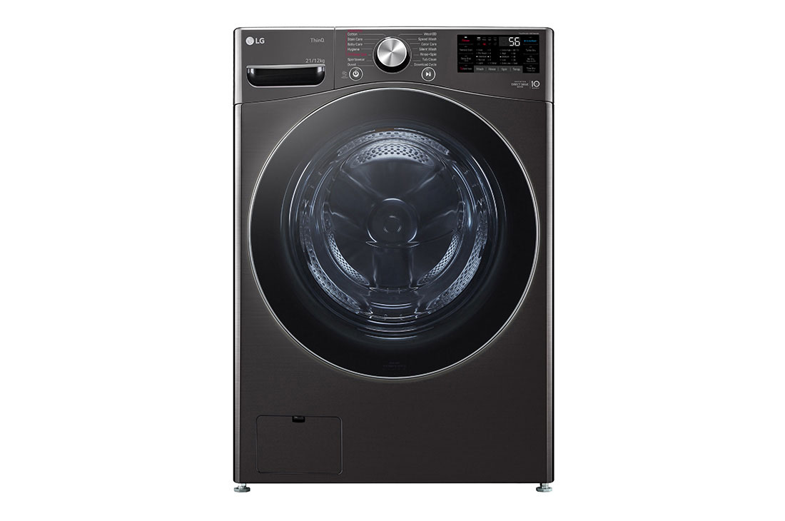 LG 21/12kg, AI Direct Drive Front Load Washer Dryer in Black Steel, front view, F2721HVRB