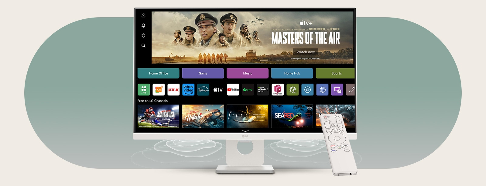 On the smart monitor screen, the webOS interface is displayed. Speaker waves emanate from the bottom corners of the monitor, and on the right side of the screen, there is a remote control.
