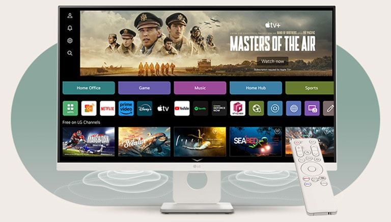 On the smart monitor screen, the webOS interface is displayed. Speaker waves emanate from the bottom corners of the monitor, and on the right side of the screen, there is a remote control.
