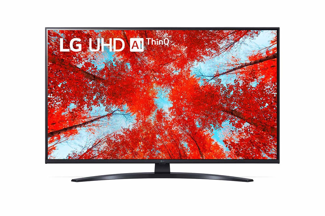 LG UQ91 43 inch 4K Smart UHD TV, A front view of the LG UHD TV with infill image and product logo on, 43UQ91006LA