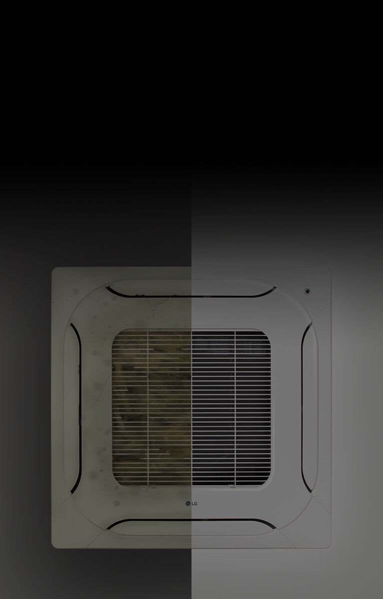 LG ceiling-mounted VRF Multi V unit displayed centrally reveals a stark contrast. Its left half is covered in dust, while the right remains clean.