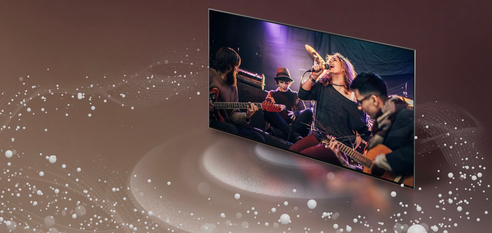 LG TV มีลักษณะเป็นฟองเสียงและคลื่นที่เปล่งออกมาจากหน้าจอและเติมเต็มพื้นที่
