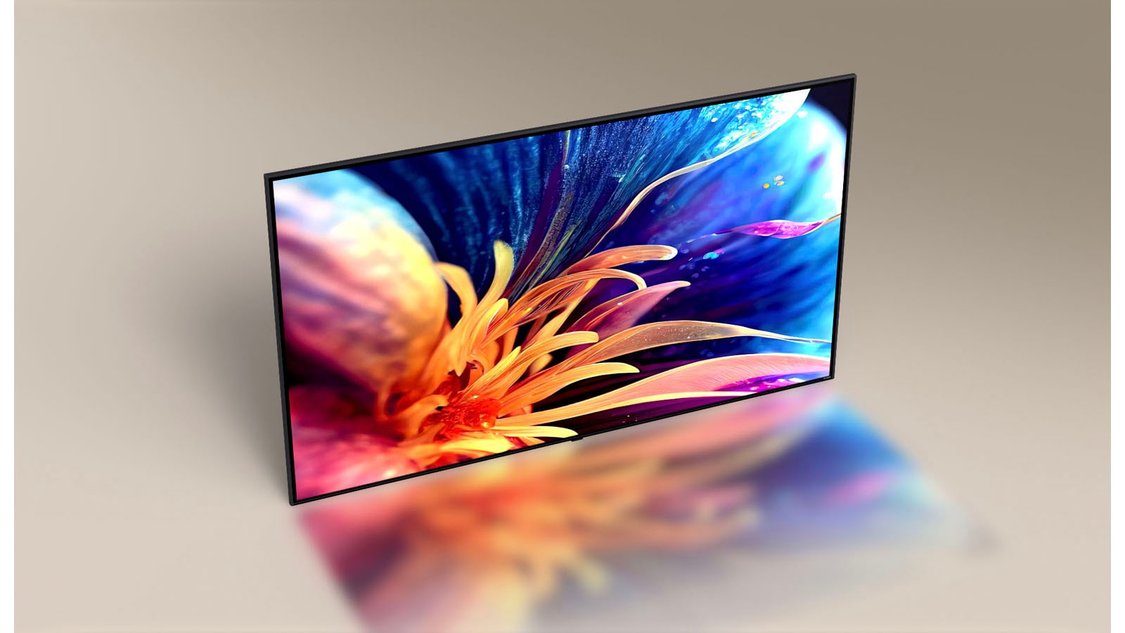 ทีวี LG ที่เพรียวบางเป็นพิเศษจากมุมกล้องแบบ Bird-Eye มุมกล้องเลื่อนเพื่อแสดงด้านหน้าของทีวี โดยแสดงภาพดอกไม้สีสันสดใสที่ซูมเข้า