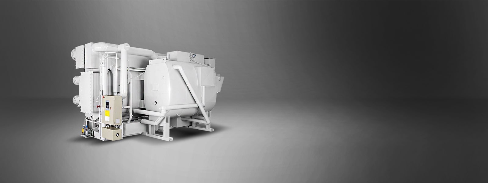 LG Absorption Chiller Direct Fired Type, showcased in a muted grey hue, consists of a series of linear and cylindrical pipe assemblies.