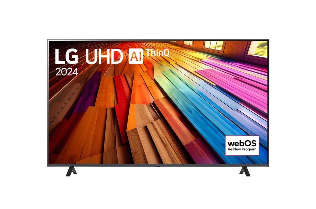 LG 70 Inch LG UHD UT80 4K Smart TV 2024, Front view of LG UHD TV, UT80 with text of LG UHD AI ThinQ, 2024, and webOS Re:New Program logo on screen, 70UT8050PSB