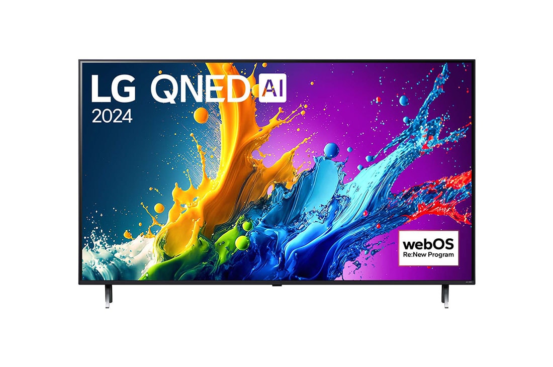 LG 55 Inch LG QNED AI QNED80 4K Smart TV 2024, Front view of LG QNED TV, QNED80 with text of LG QNED, 2024, and webOS Re:New Program logo on screen, 55QNED80TSA