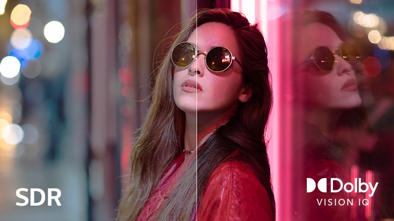 La scena di una donna che indossa occhiali da sole è stata divisa in due per un confronto visivo.  Nell'immagine, il testo SDR si trova nell'angolo in basso a sinistra e il logo Dolby Vision IQ si trova nell'angolo in basso a destra.