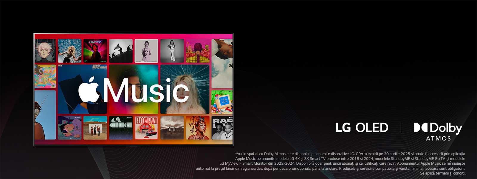 O grilă de albume cu logo Apple Music suprapus, cu LG OLED și sigla Dolby Atmos dedesubt.